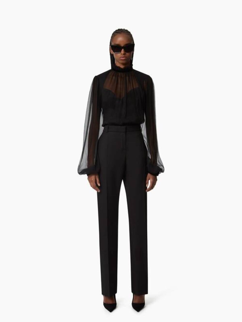 Nina Ricci Ruffled High Neck Crinkled Silk Muslin Blouse in Black 36 US 4